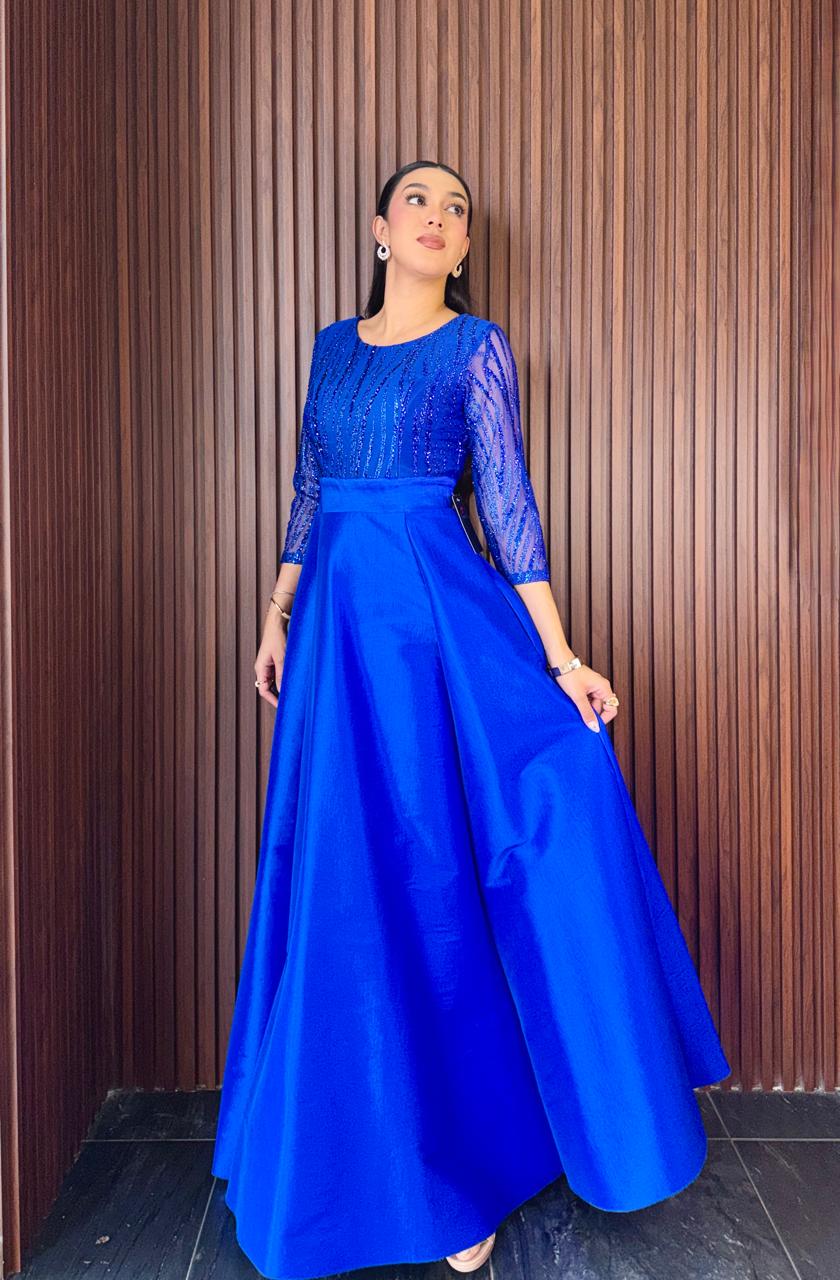 Vestido Largo de Gala Lentejuela Manga 3/4 Falda Tafeta