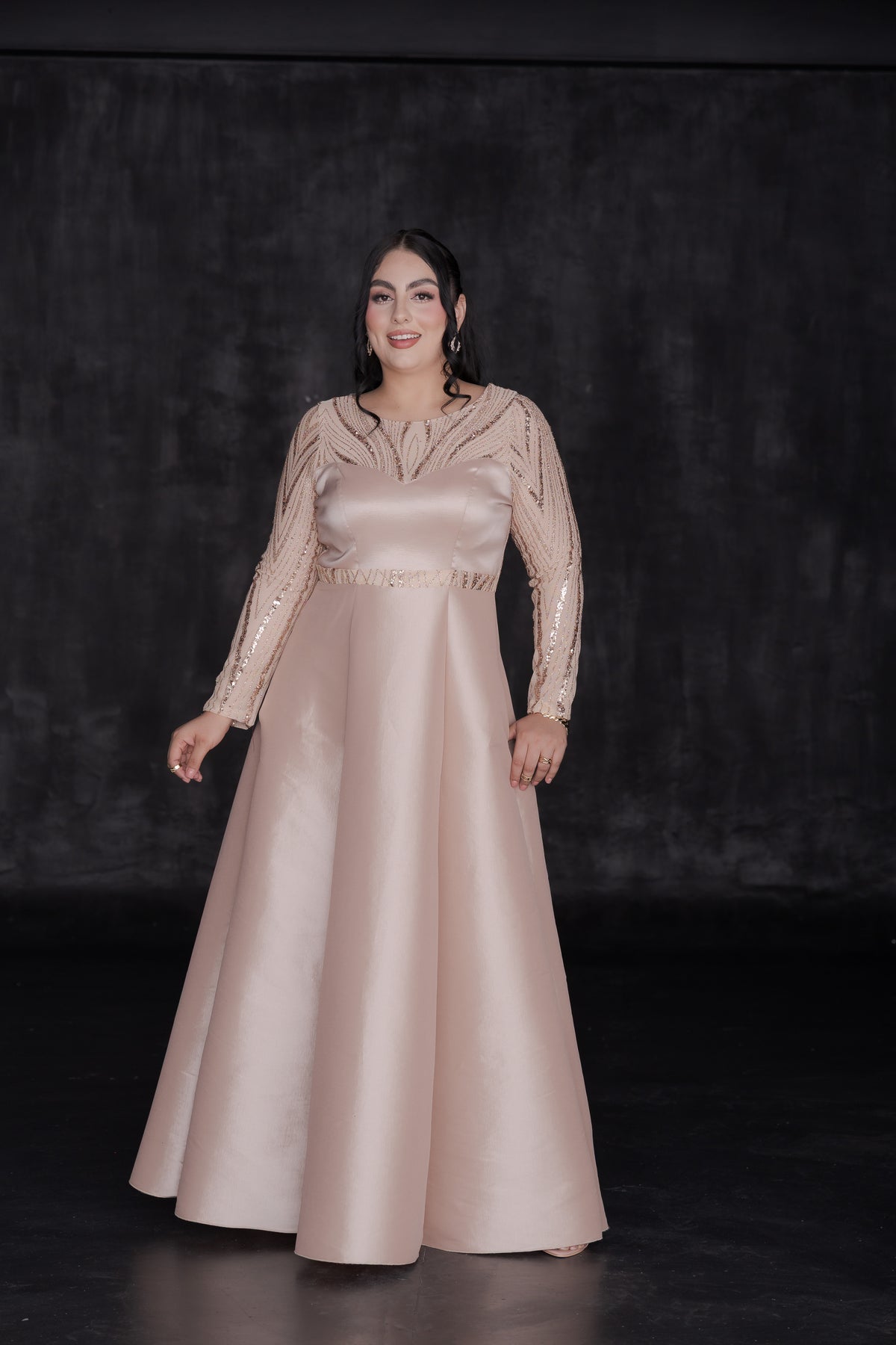 Vestido Largo de Gala Tafeta y Manga Larga Lentejuela