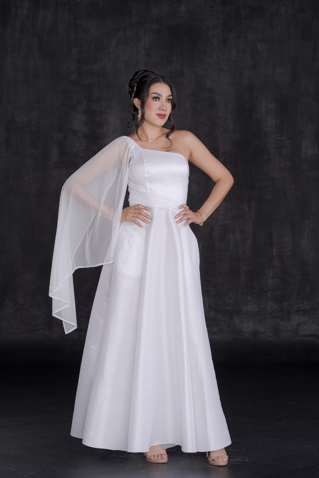 Vestido Largo de Gala Tafeta con Manga Mesh