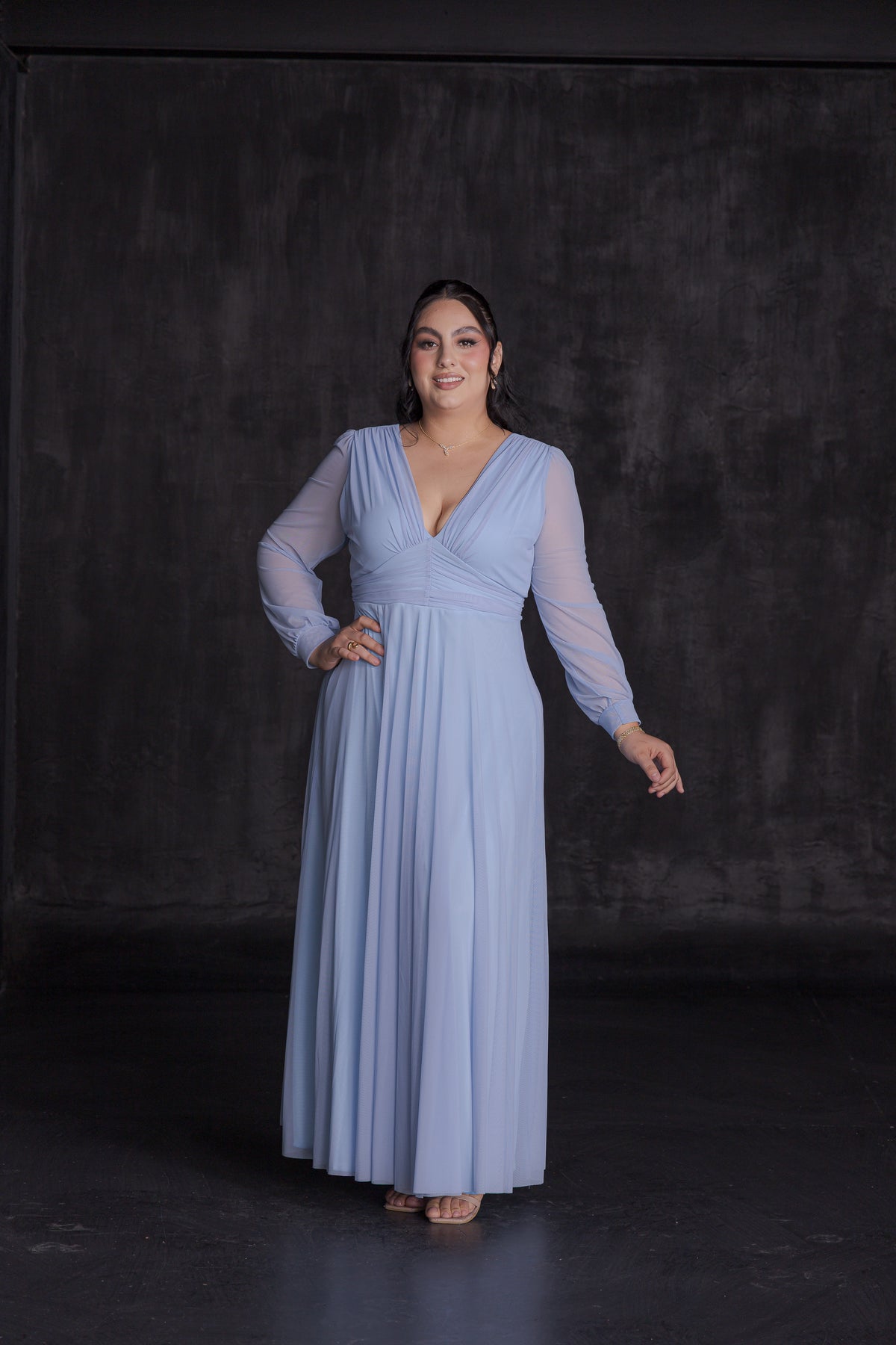 Vestido Elegante Manga Larga Escote V Con Diseño en Cintura