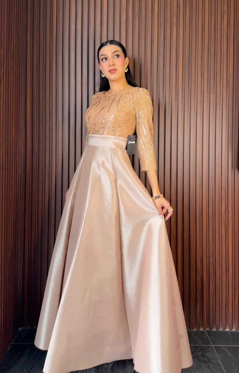 Vestido Largo de Gala Lentejuela Manga 3/4 Falda Tafeta
