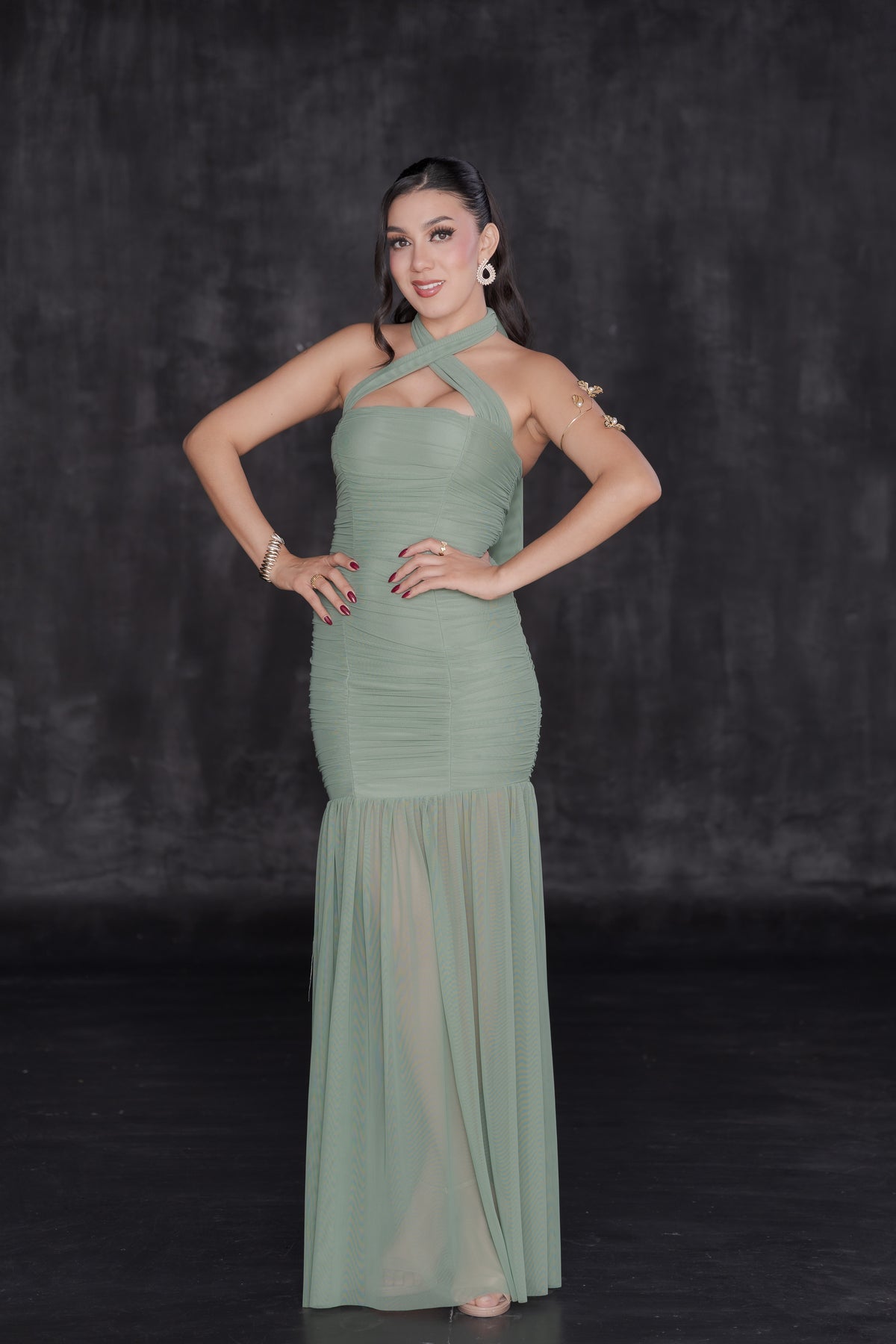 Vestido Elegante Plisado Mesh Cuello Halter