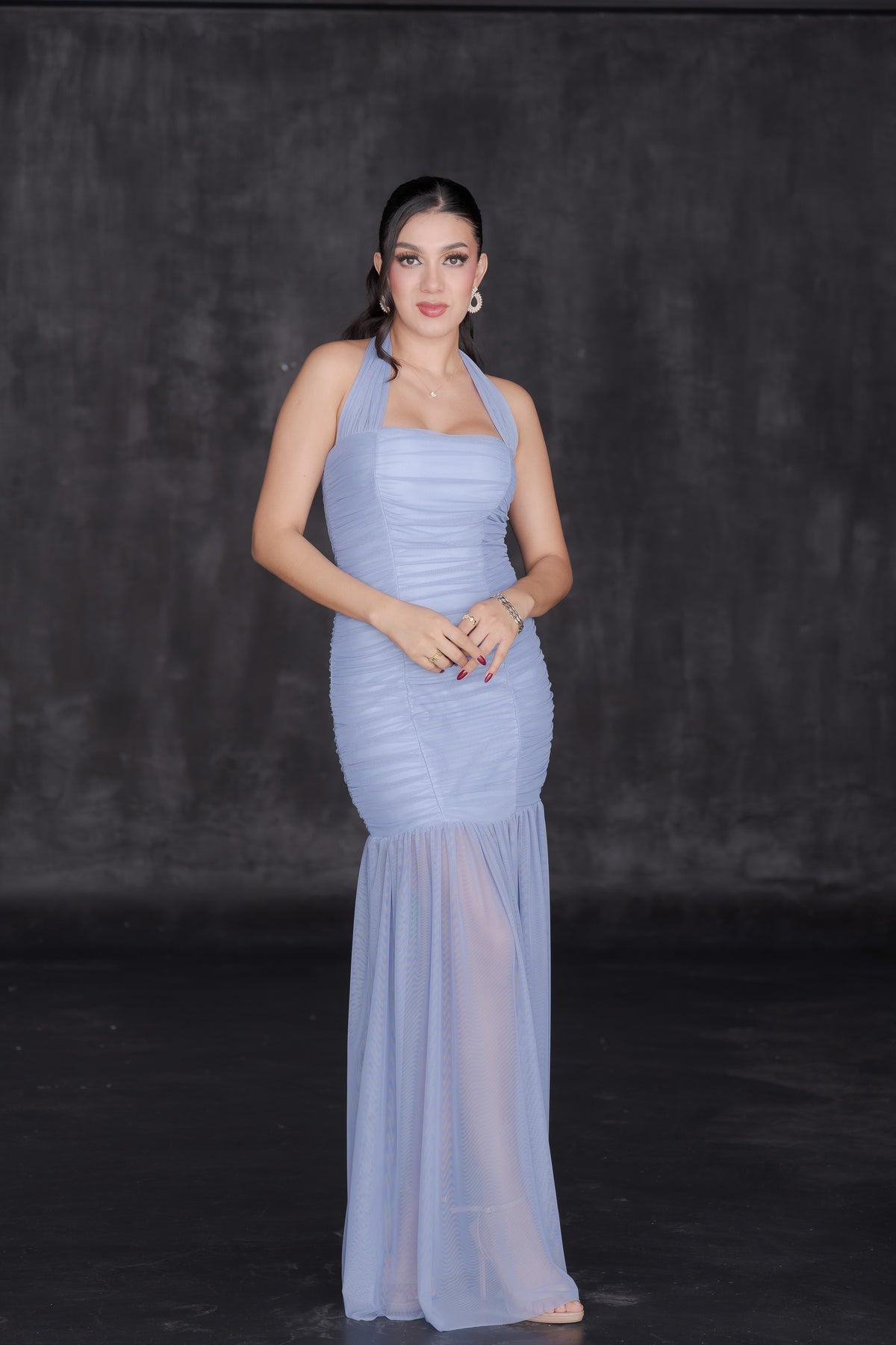 Vestido Elegante Plisado Mesh Cuello Halter