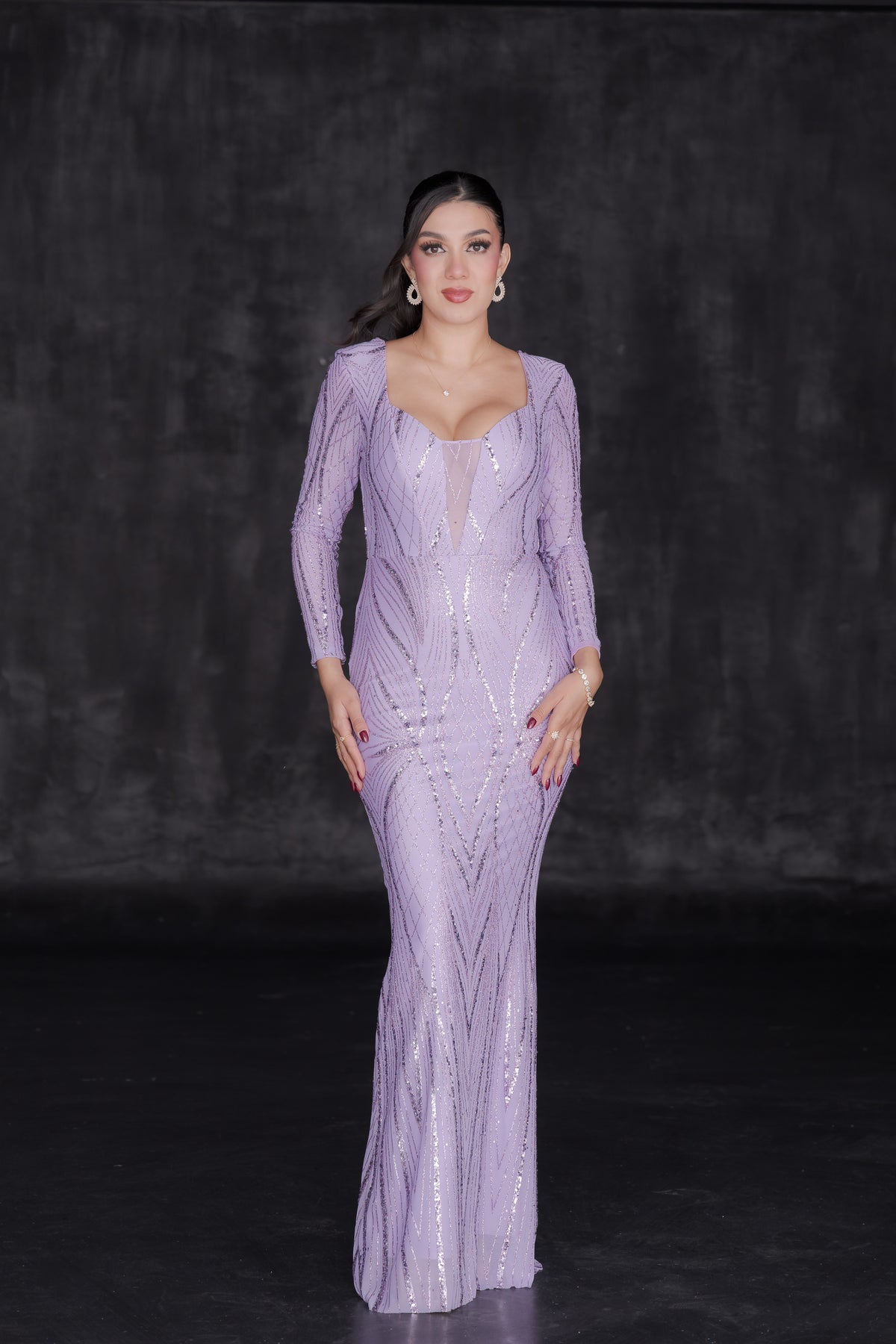 Vestido Largo Elegante Manga Larga Lentejuela