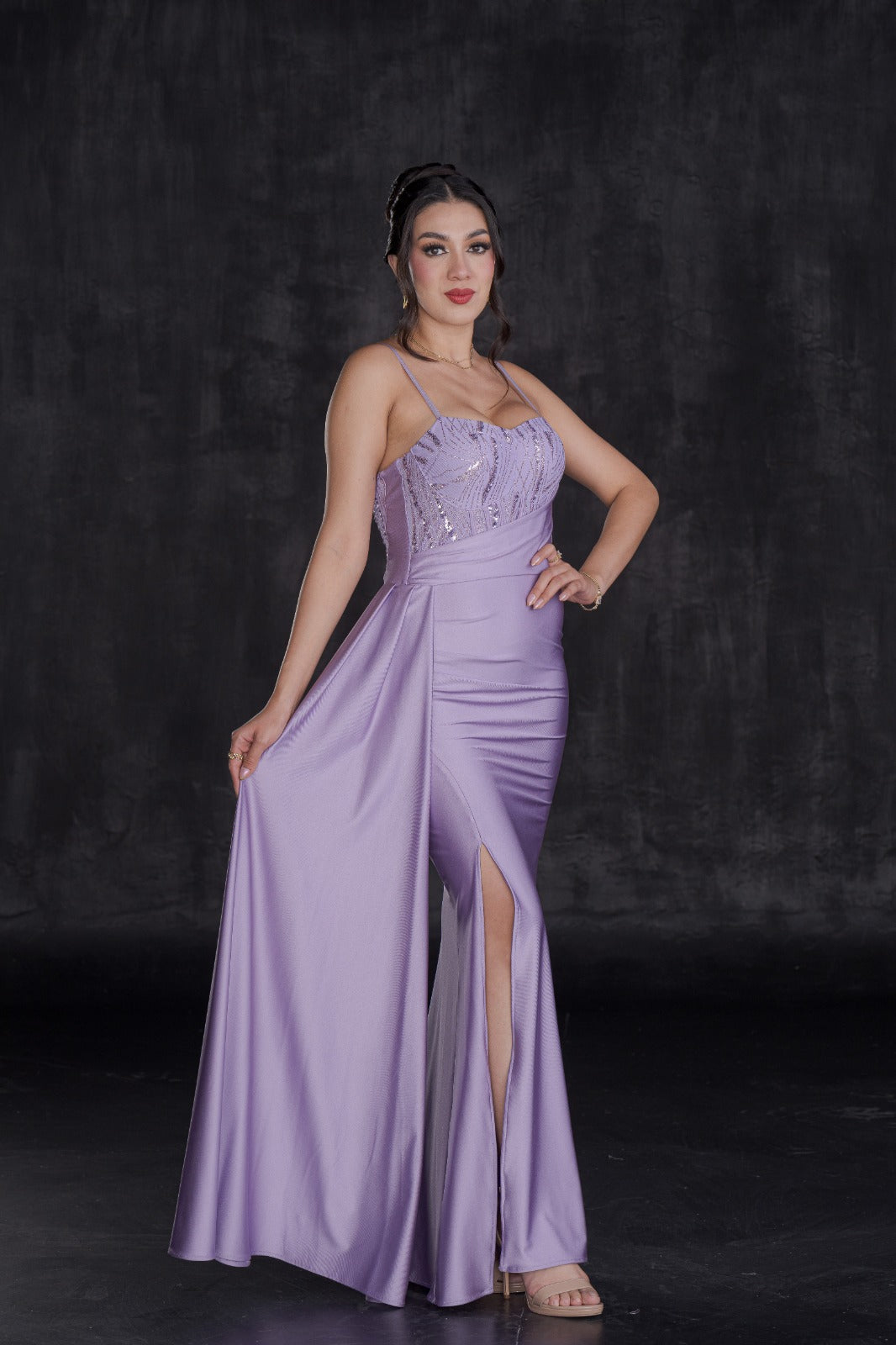 Vestido Elegante Top Lentejuela y Falda Satín
