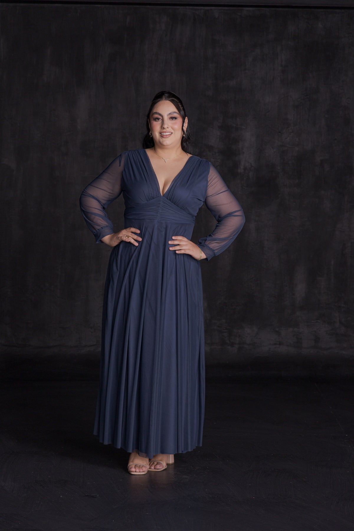 Vestido Elegante Manga Larga Escote V Con Diseño en Cintura