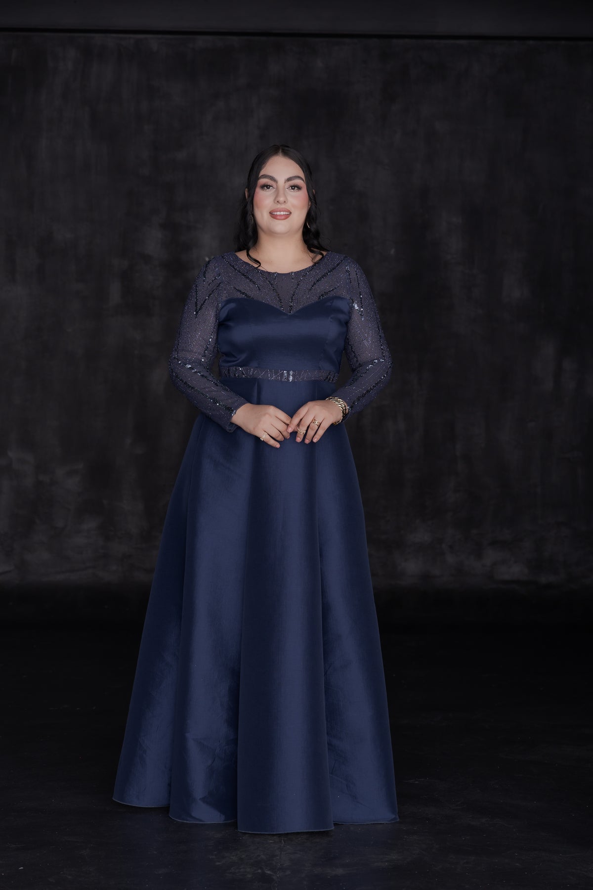 Vestido Largo de Gala Tafeta y Manga Larga Lentejuela