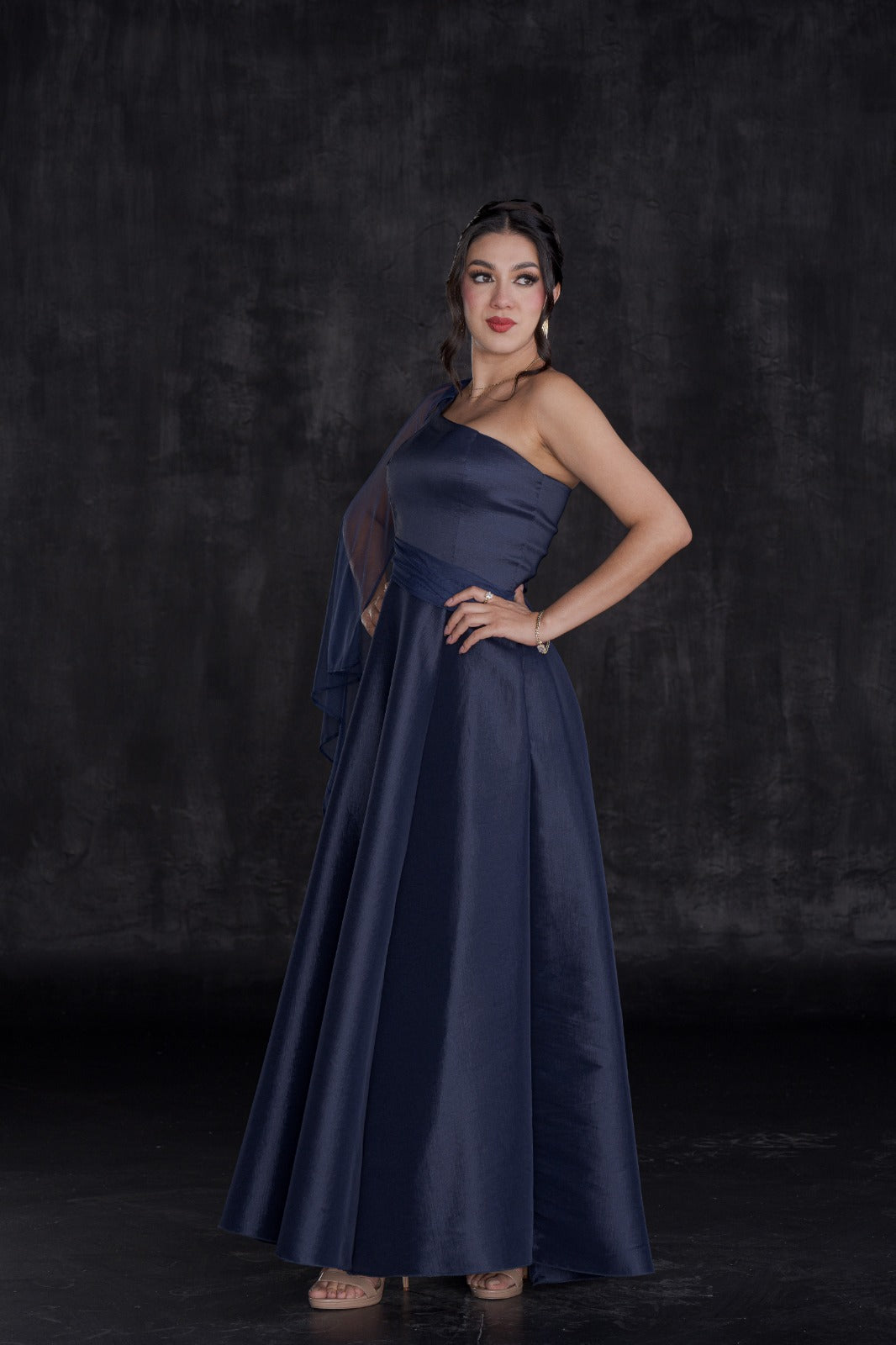 Vestido Largo de Gala Tafeta con Manga Mesh