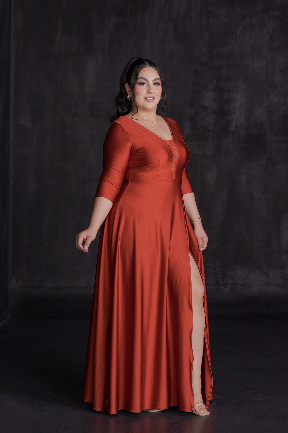 Vestido Largo Elegante Licra Satín Manga 3/4