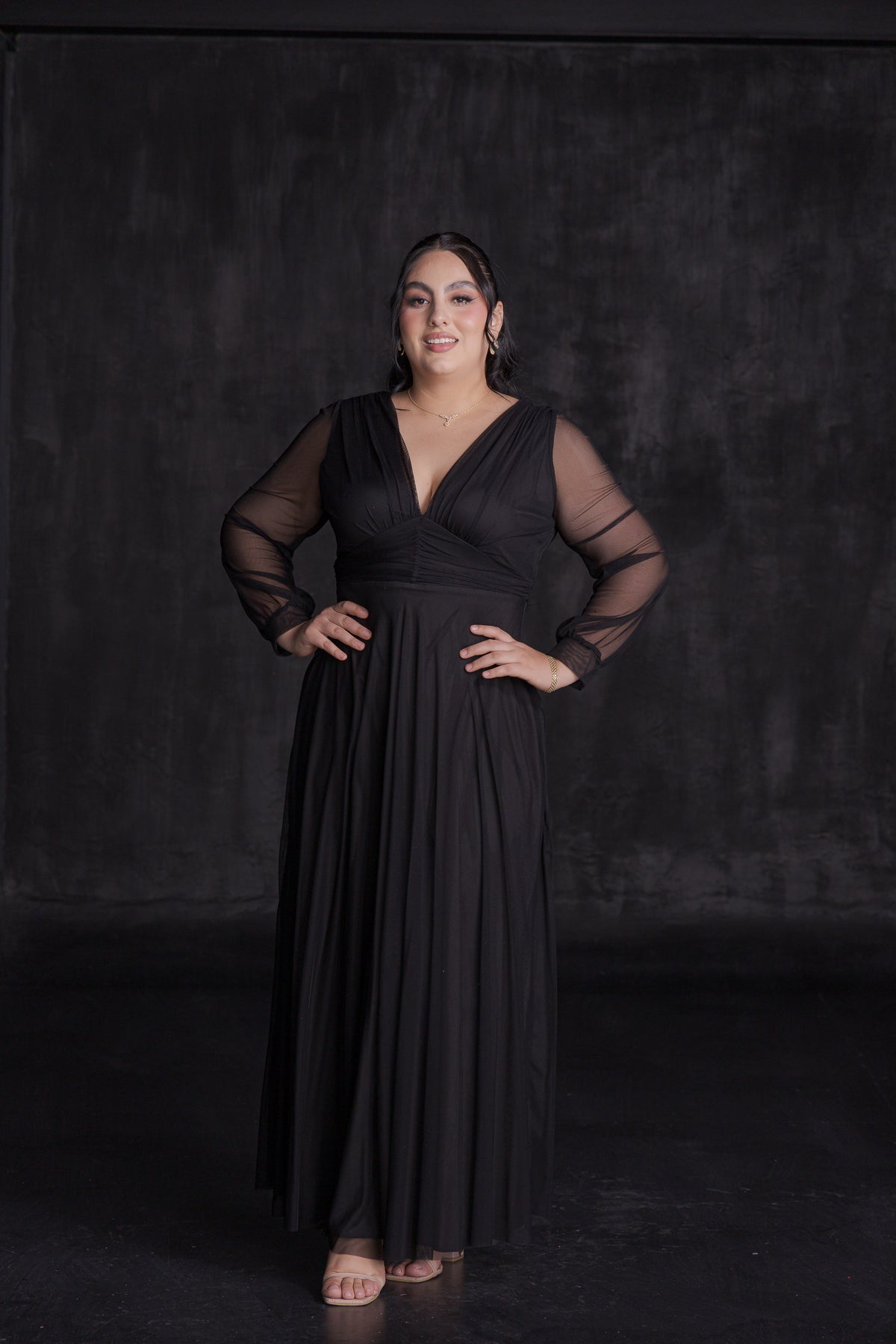 Vestido Elegante Manga Larga Escote V Con Diseño en Cintura