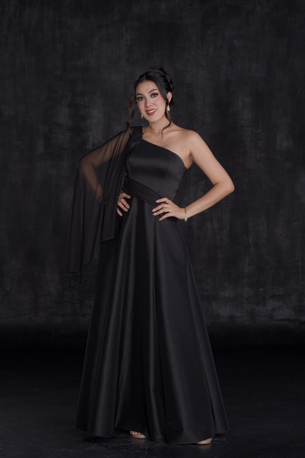 Vestido Largo de Gala Tafeta con Manga Mesh
