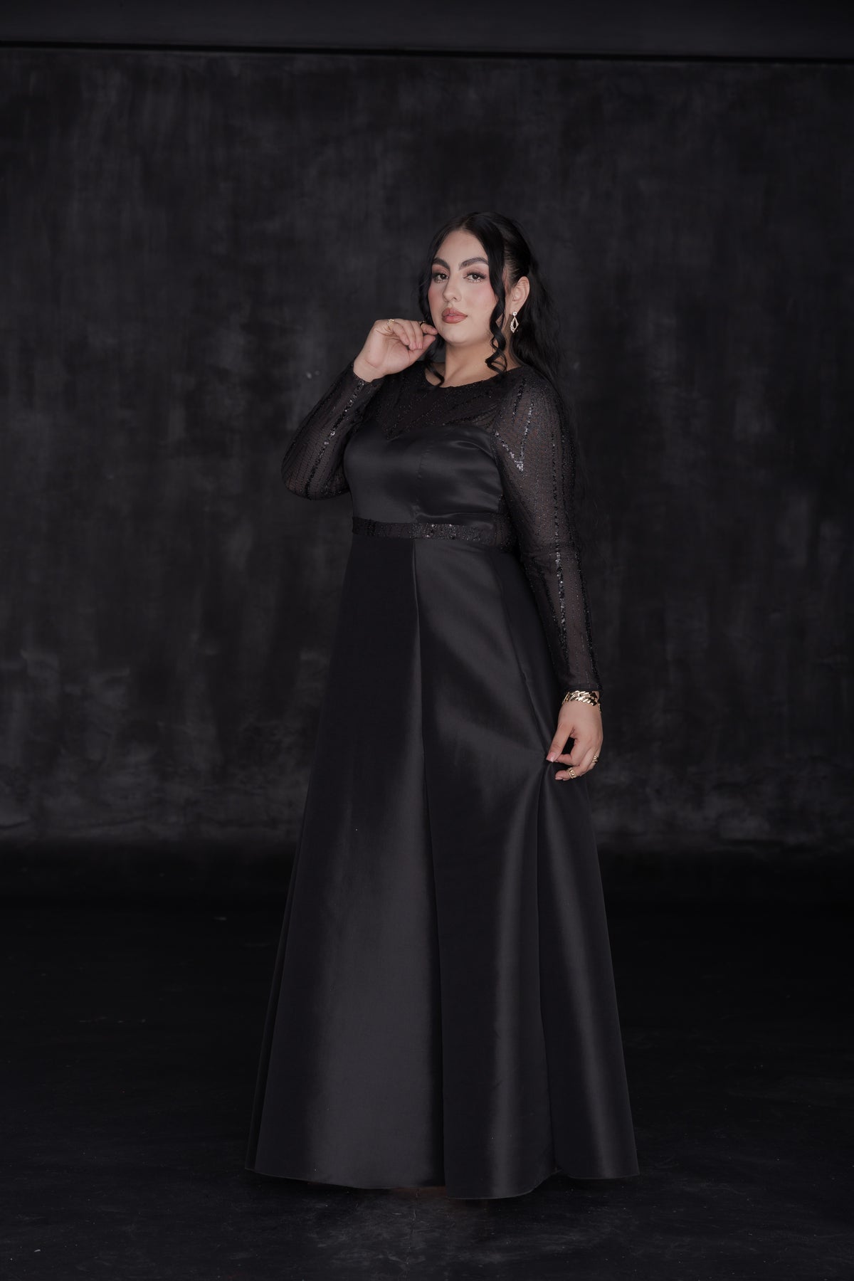 Vestido Largo de Gala Tafeta y Manga Larga Lentejuela