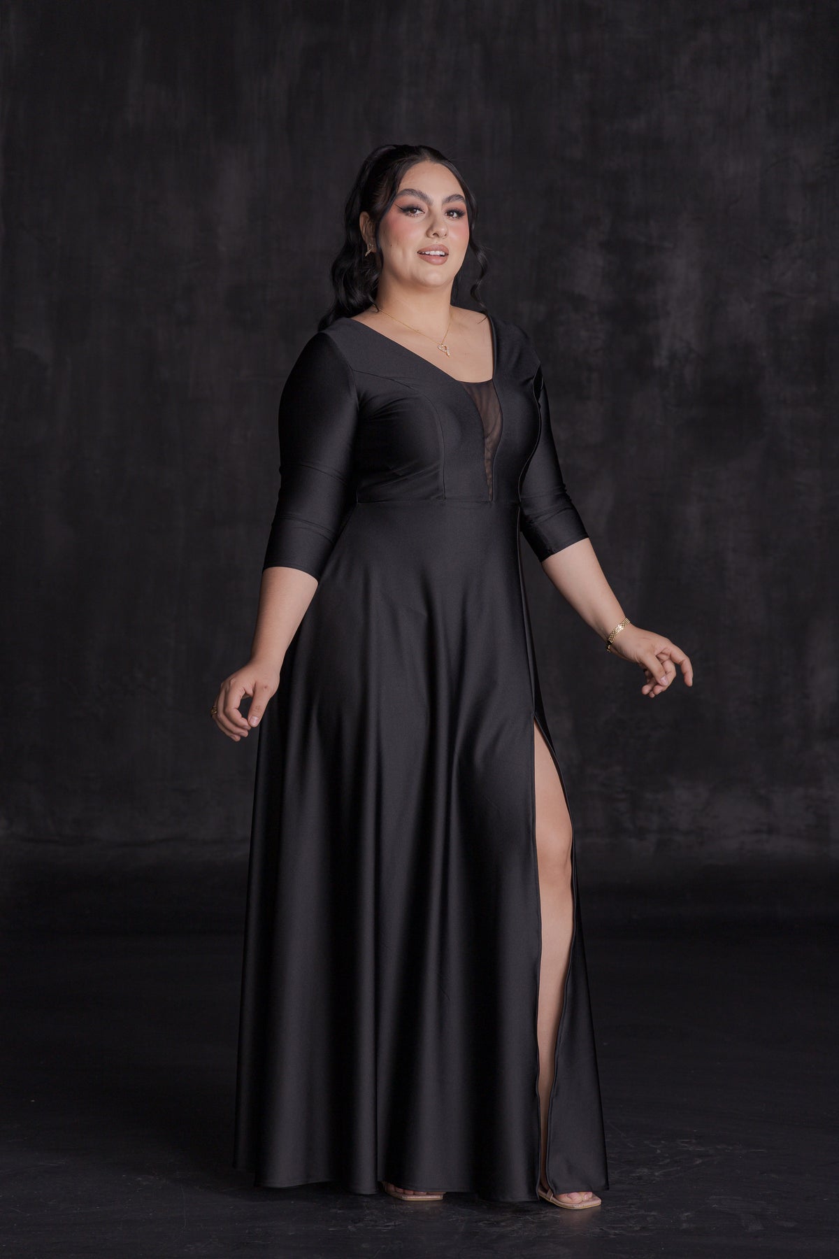 Vestido Largo Elegante Licra Satín Manga 3/4