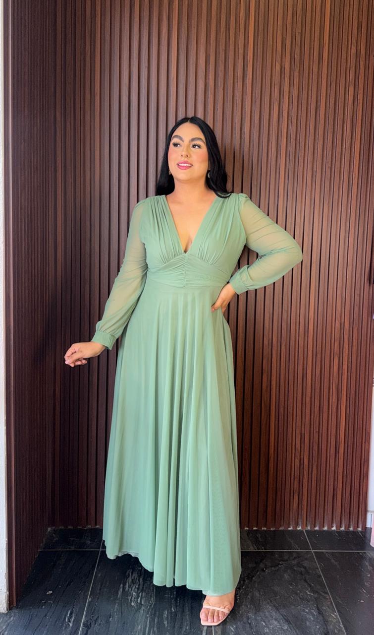 Vestido Elegante Manga Larga Escote V Con Diseño en Cintura