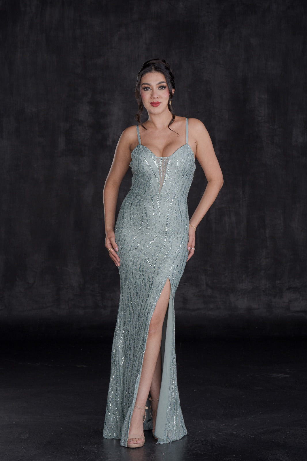 Vestido Largo Elegante Lentejuela Escote en V