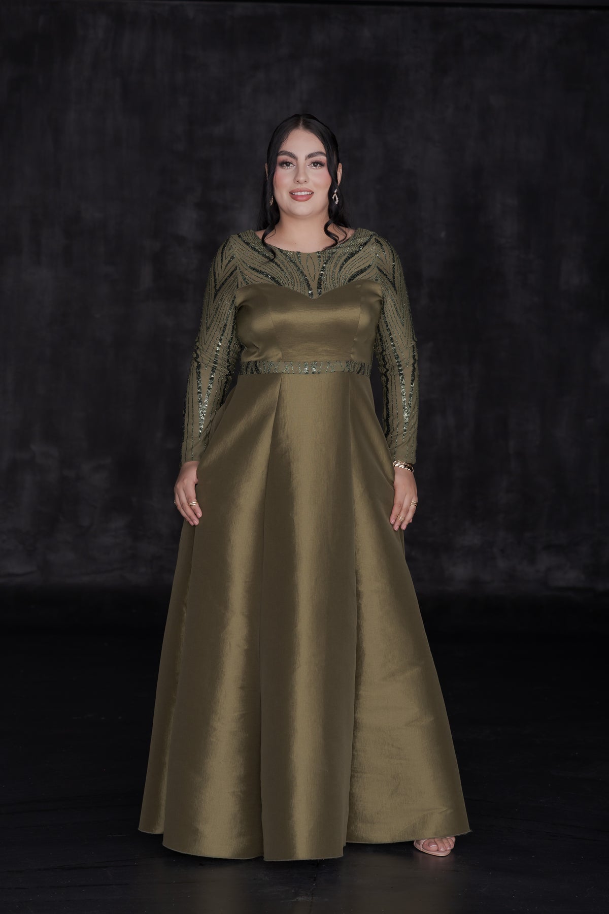 Vestido Largo de Gala Tafeta y Manga Larga Lentejuela