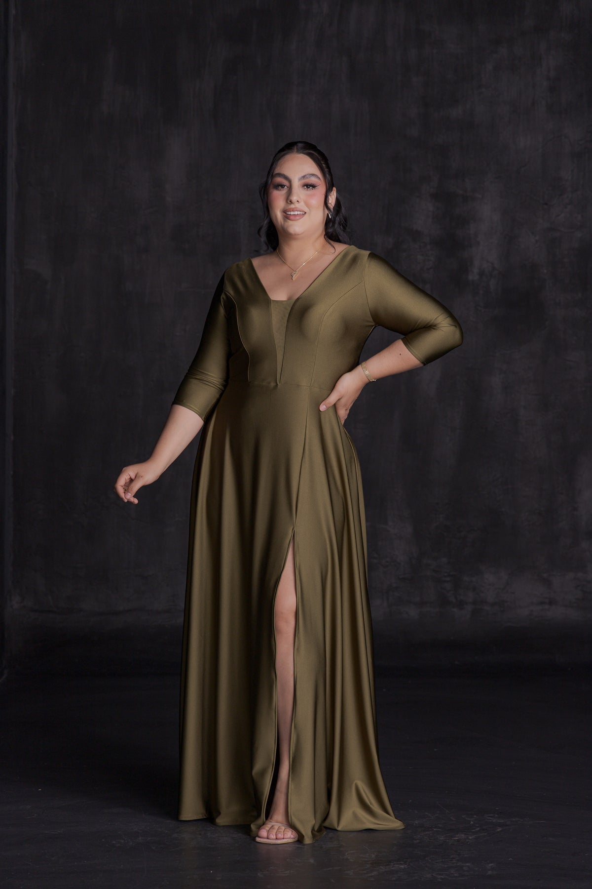 Vestido Largo Elegante Licra Satín Manga 3/4