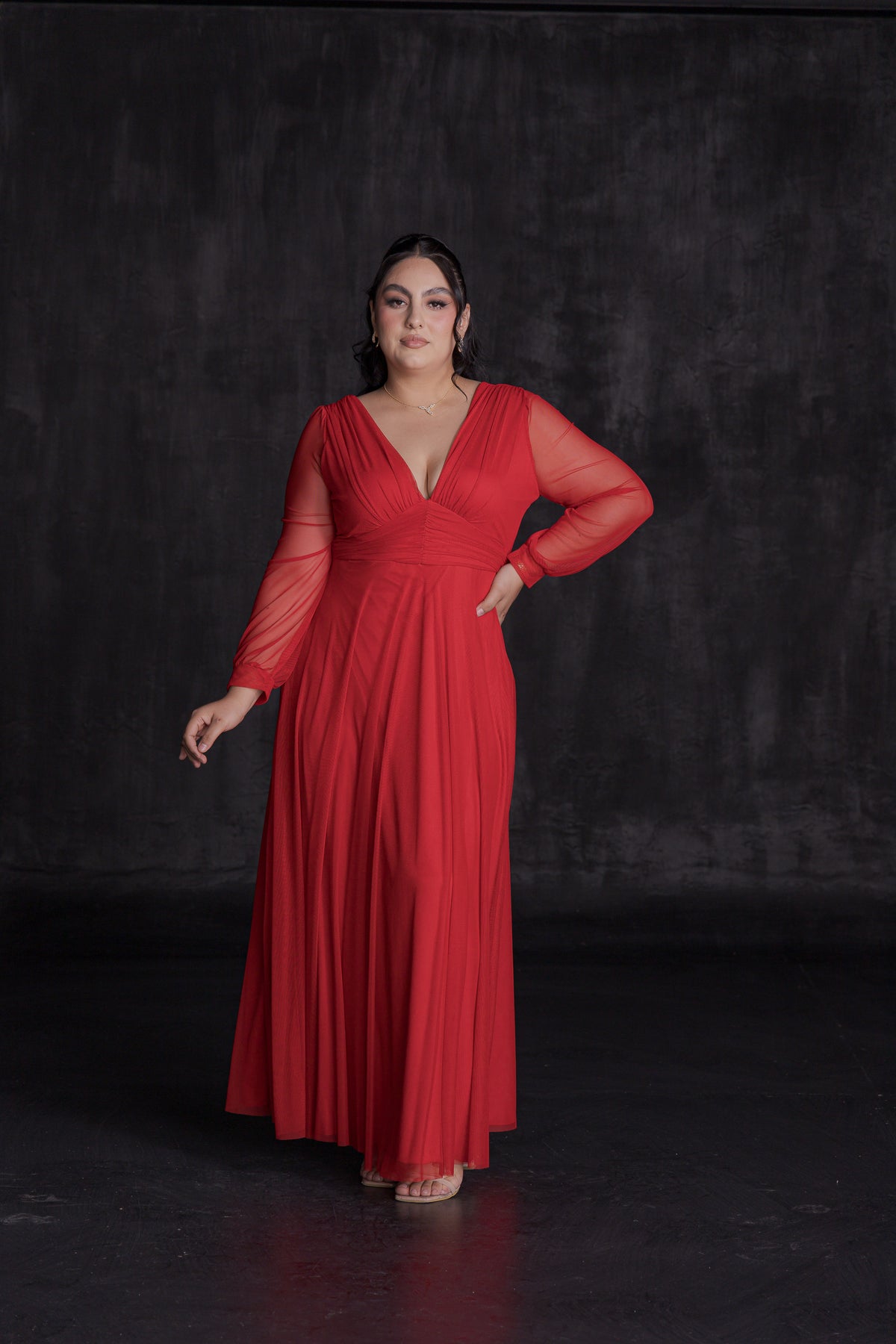 Vestido Elegante Manga Larga Escote V Con Diseño en Cintura