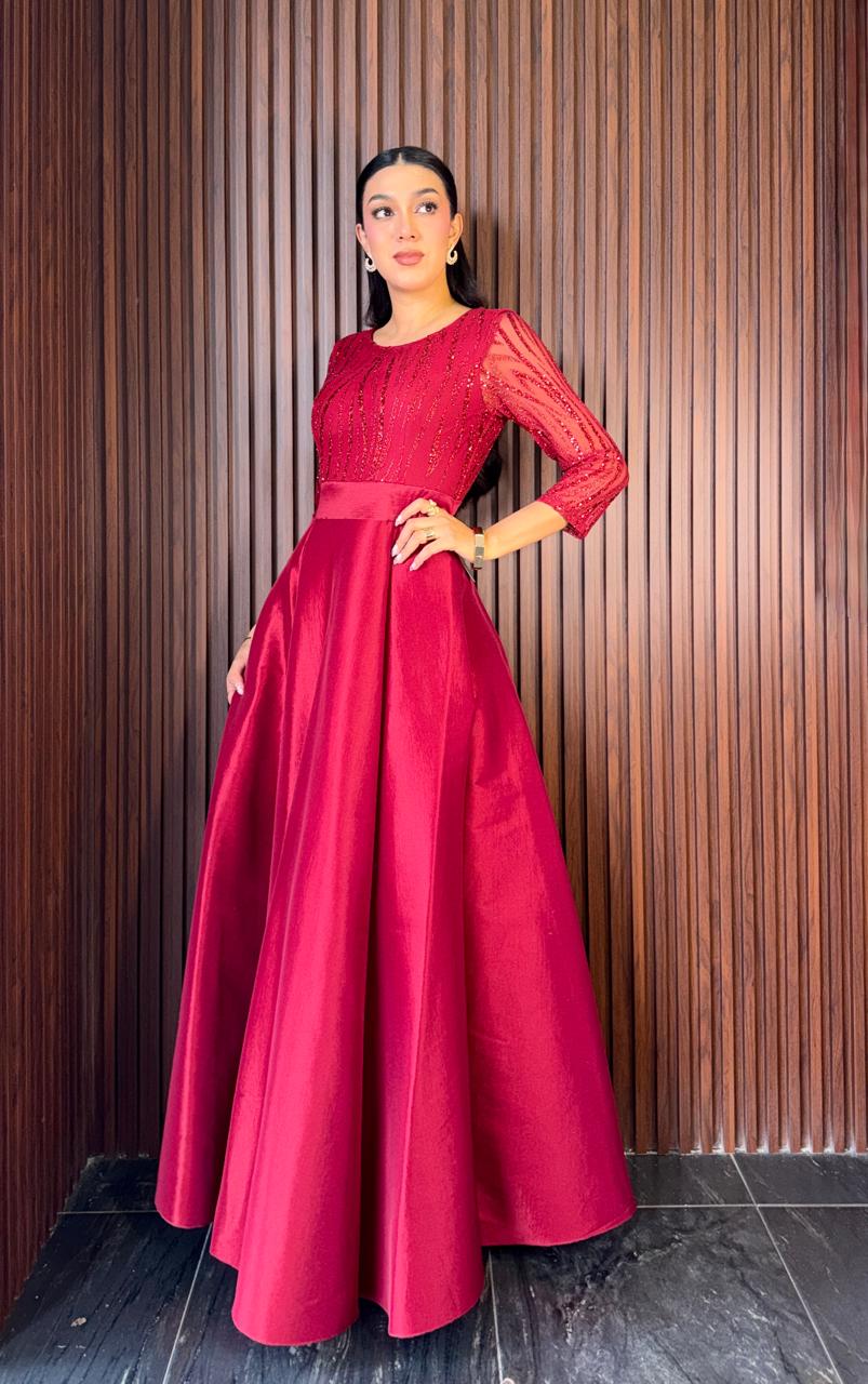 Vestido Largo de Gala Lentejuela Manga 3/4 Falda Tafeta