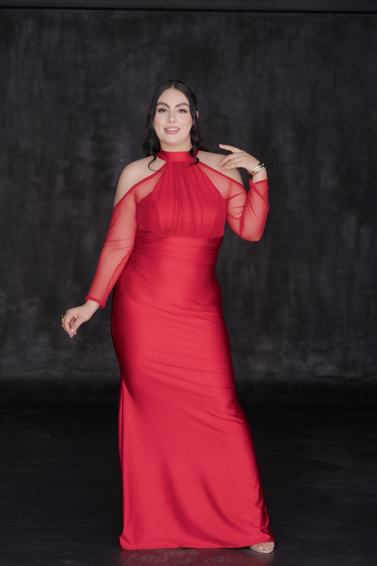 Vestido Largo de Elegante con Manga Larga Mesh y Hombros Descubiertos