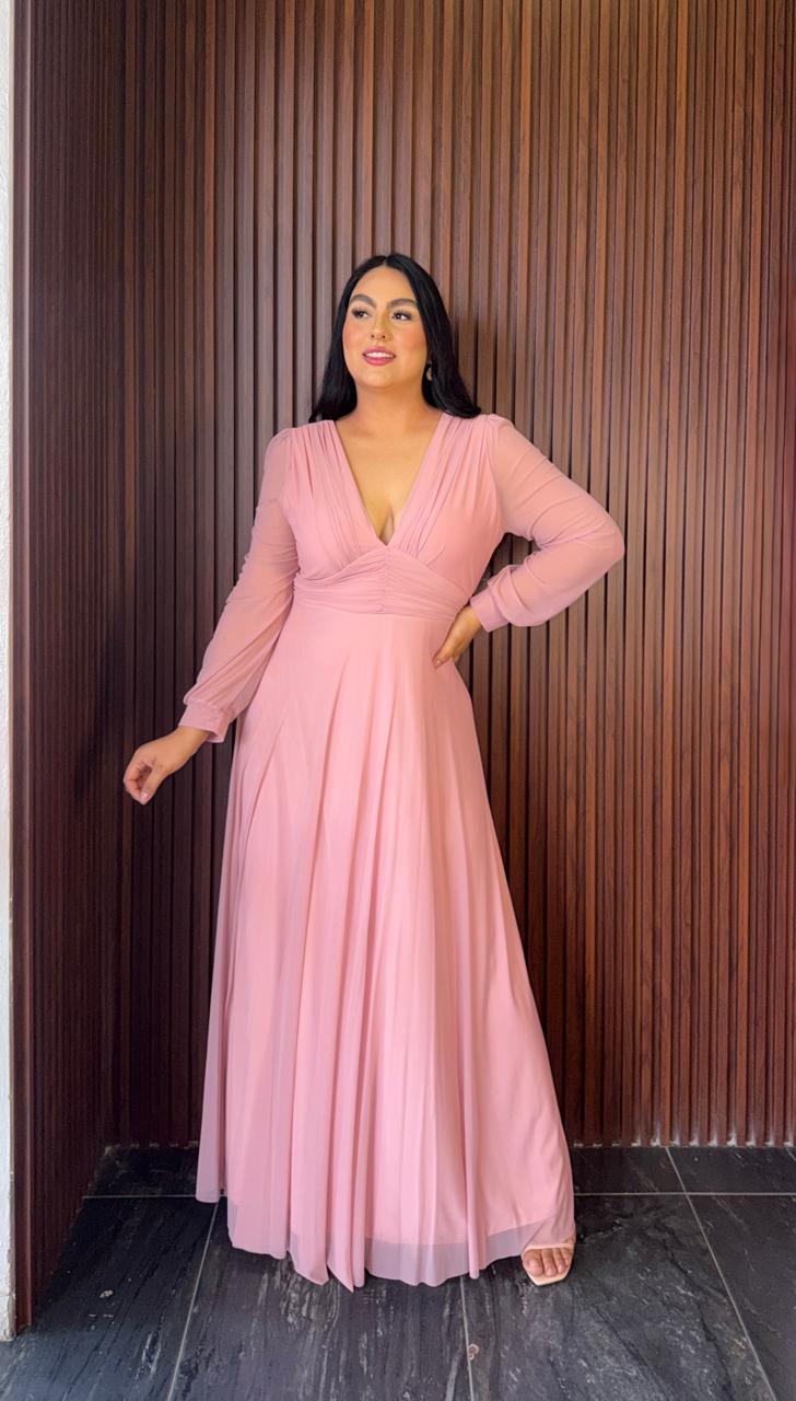 Vestido Elegante Manga Larga Escote V Con Diseño en Cintura