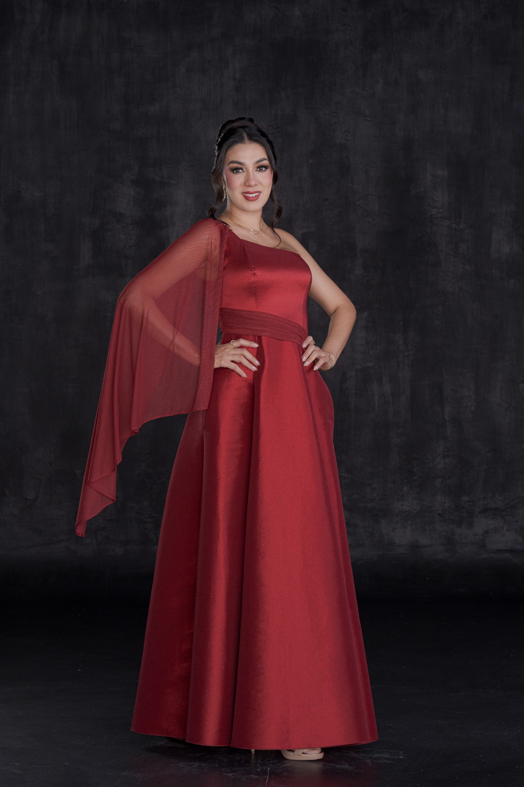 Vestido Largo de Gala Tafeta con Manga Mesh