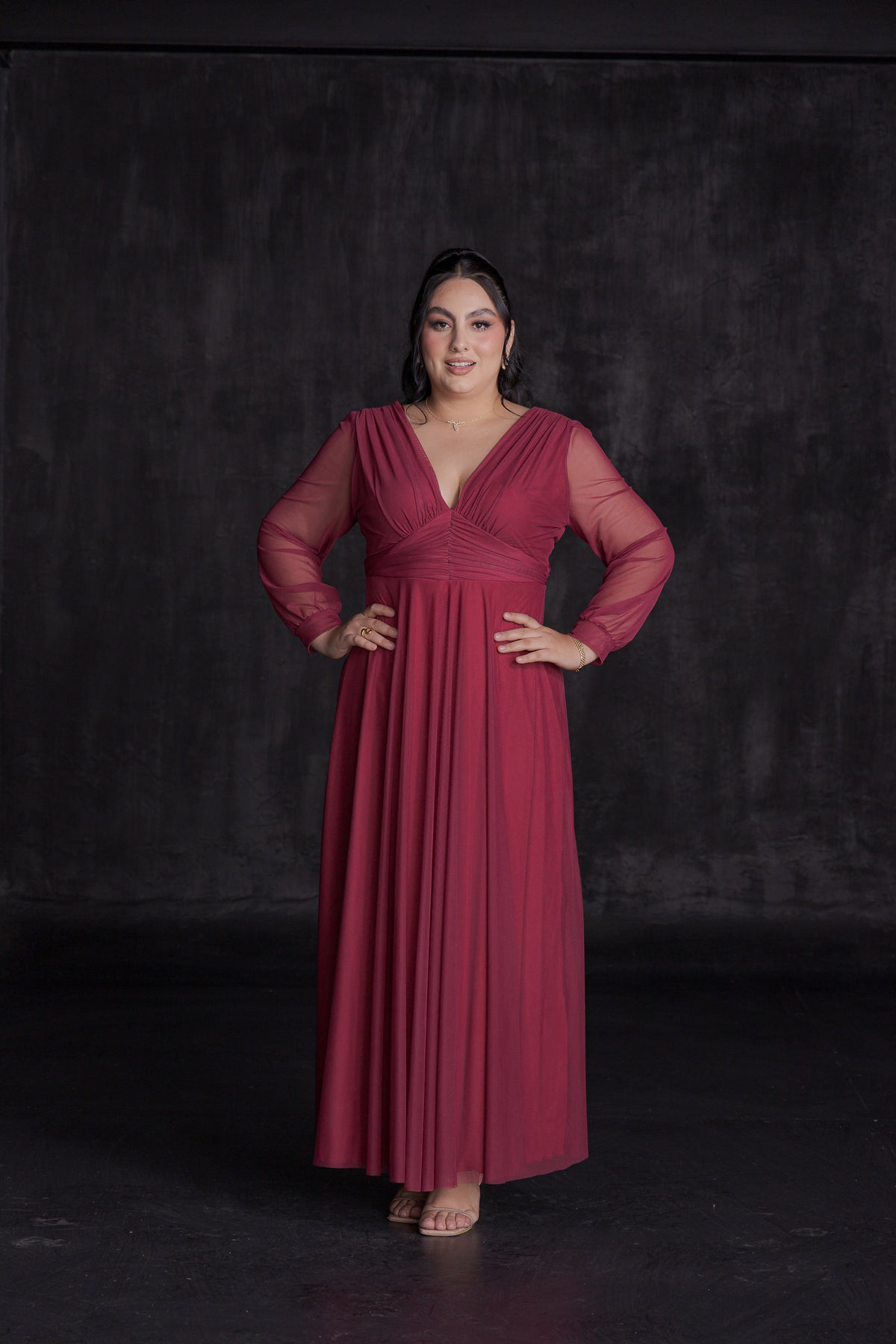 Vestido Elegante Manga Larga Escote V Con Diseño en Cintura