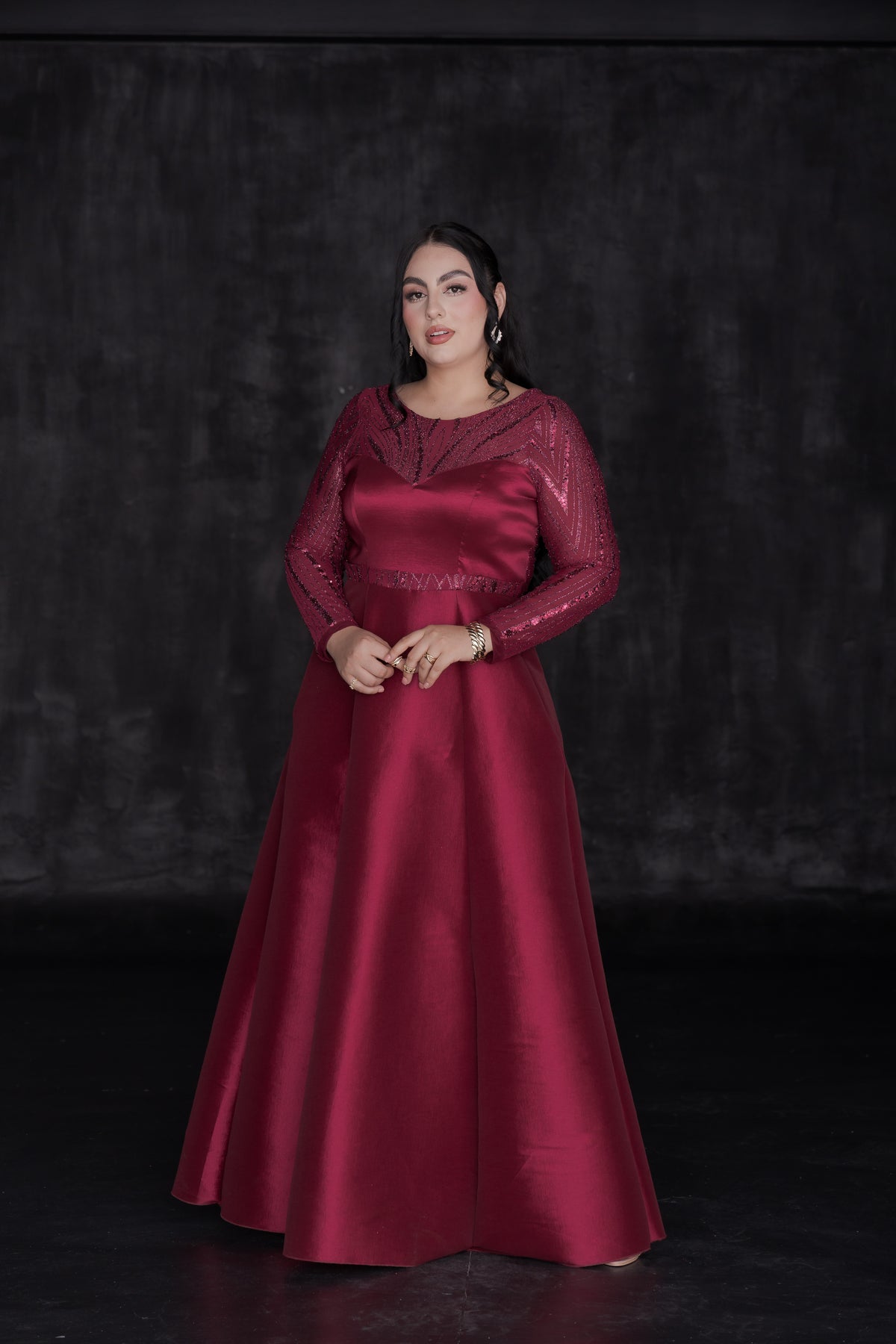 Vestido Largo de Gala Tafeta y Manga Larga Lentejuela