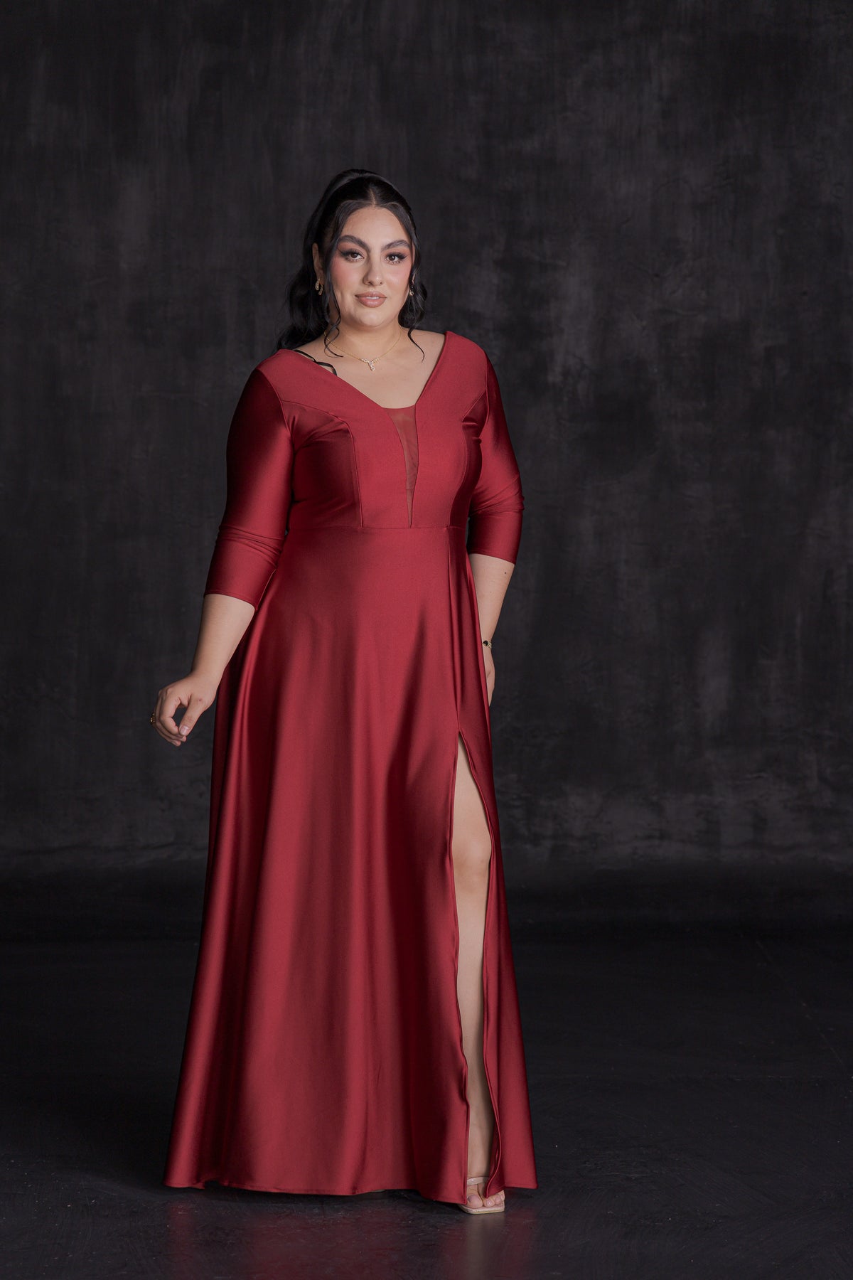 Vestido Largo Elegante Licra Satín Manga 3/4