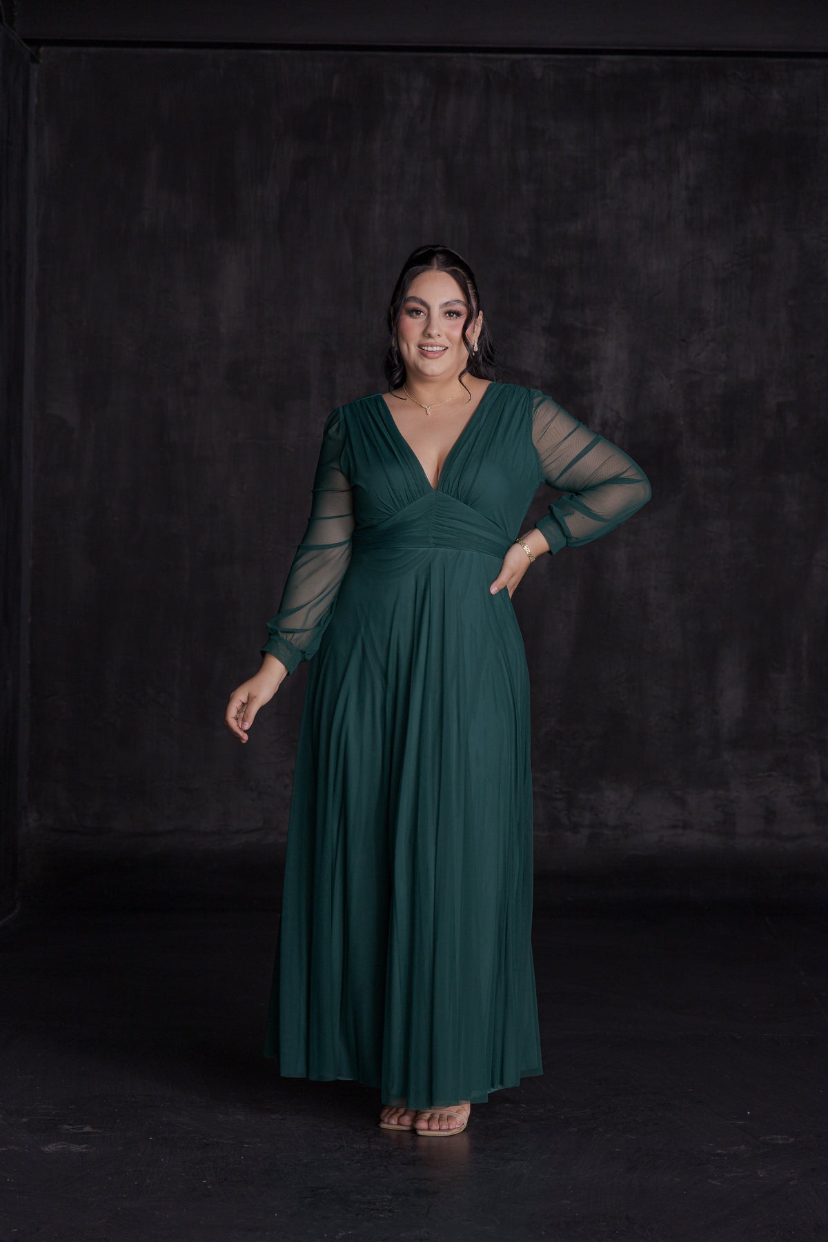 Vestido Elegante Manga Larga Escote V Con Diseño en Cintura