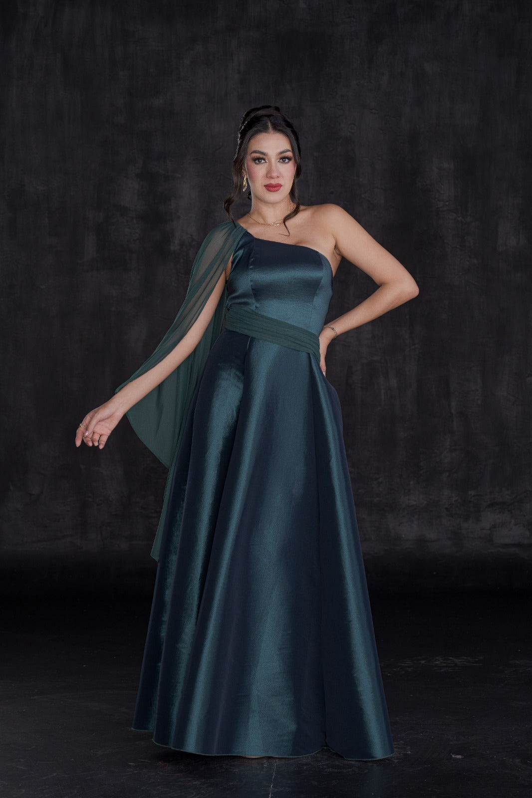 Vestido Largo de Gala Tafeta con Manga Mesh