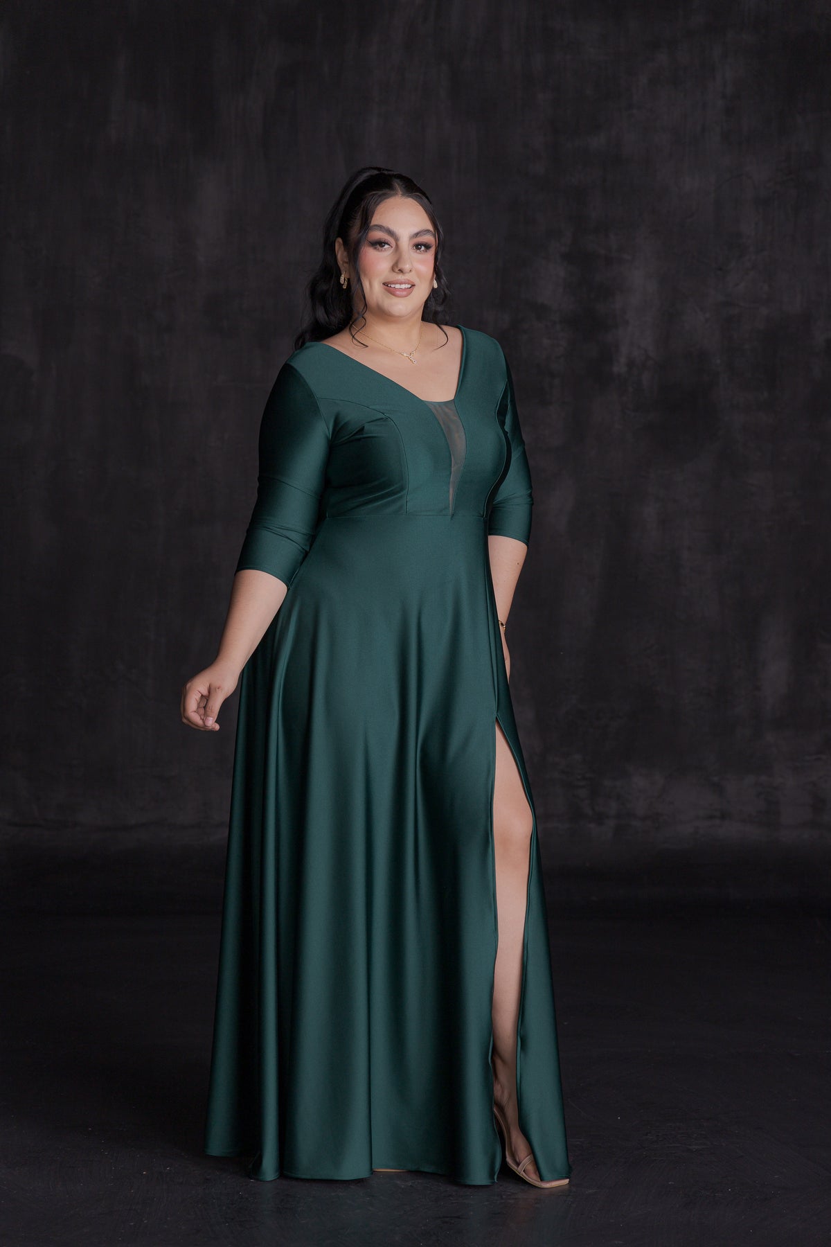 Vestido Largo Elegante Licra Satín Manga 3/4