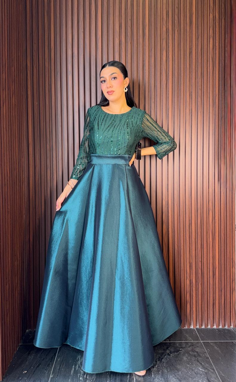 Vestido Largo de Gala Lentejuela Manga 3/4 Falda Tafeta